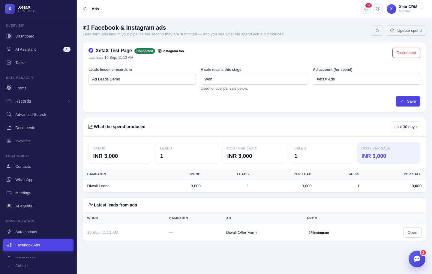 Ad leads — connected Page, spend, cost per lead and cost per sale by campaign
