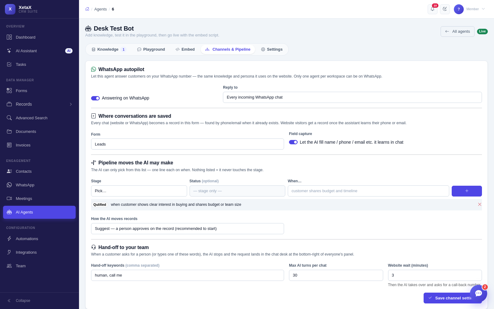 AI Autopilot settings — WhatsApp, target form, allowed pipeline moves