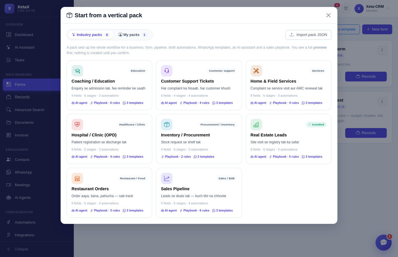 Industry packs — Coaching, Support, Services, Clinic, Inventory, Real estate, Restaurant, Sales; each with an AI agent, a playbook and WhatsApp templates