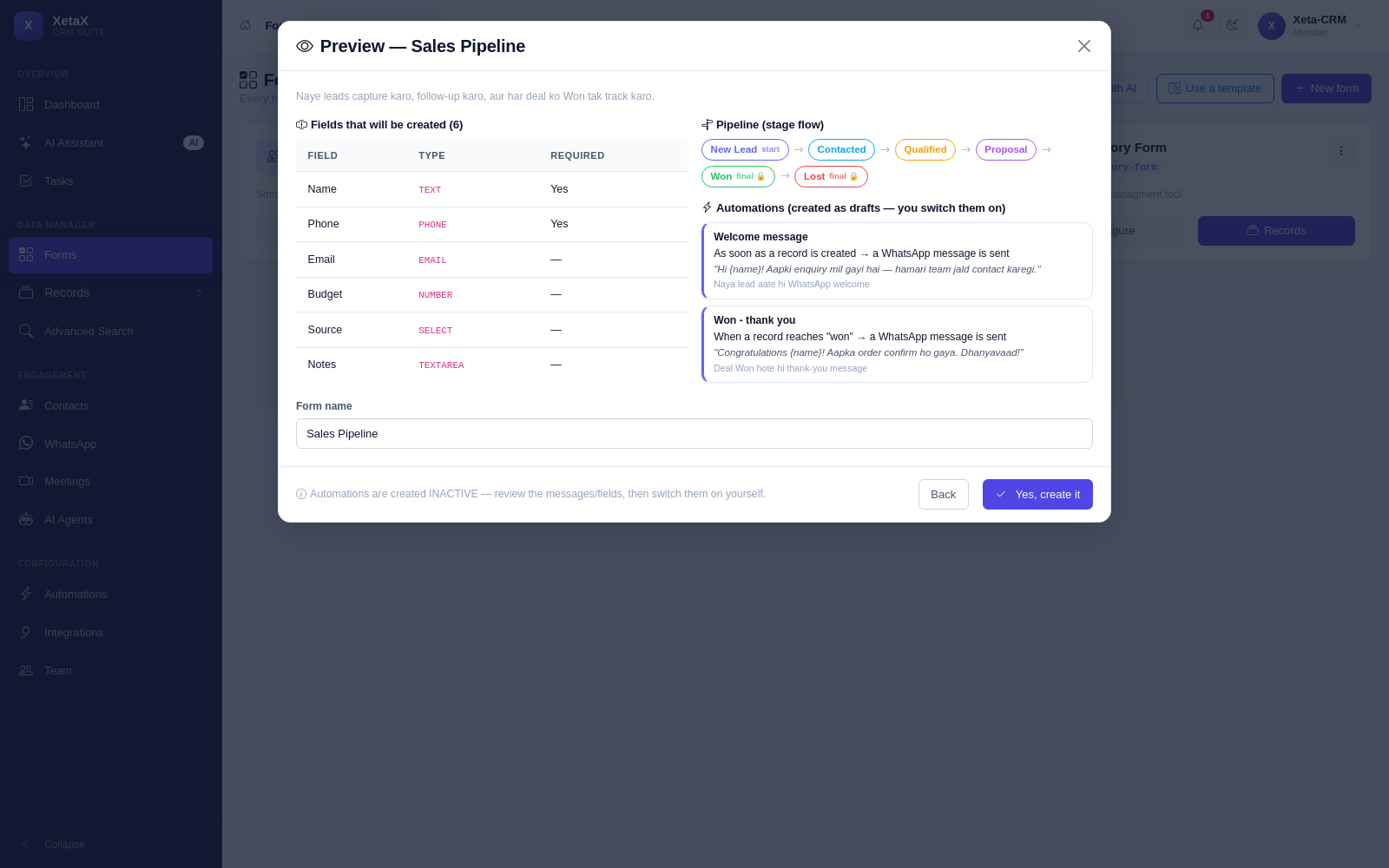 Template preview — see fields, pipeline and automations before anything is created